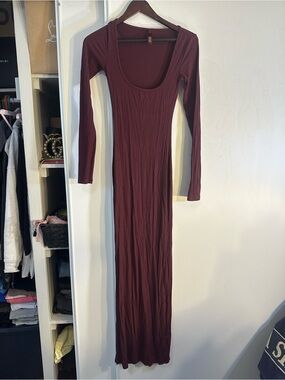 SKIMS Long Sleeve Scoop Maxi Dress in Burgundy